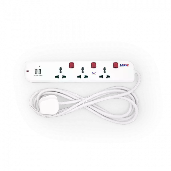 LEAR - Universal Trailing Socket - 3 Way 2 USB ports & 3M cord