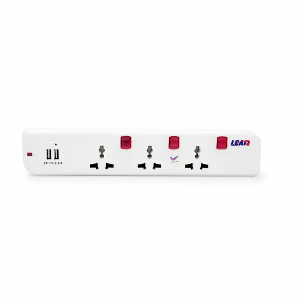 LEAR - Universal Trailing Socket - 3 Way 2 USB ports - 13 amps