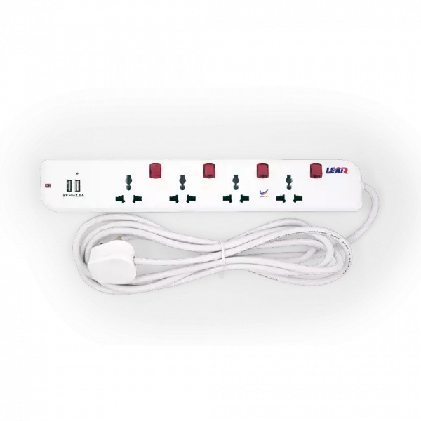 LEAR - Universal Trailing Socket - 4 Way 2 USB ports & 3M cord - 13 amps